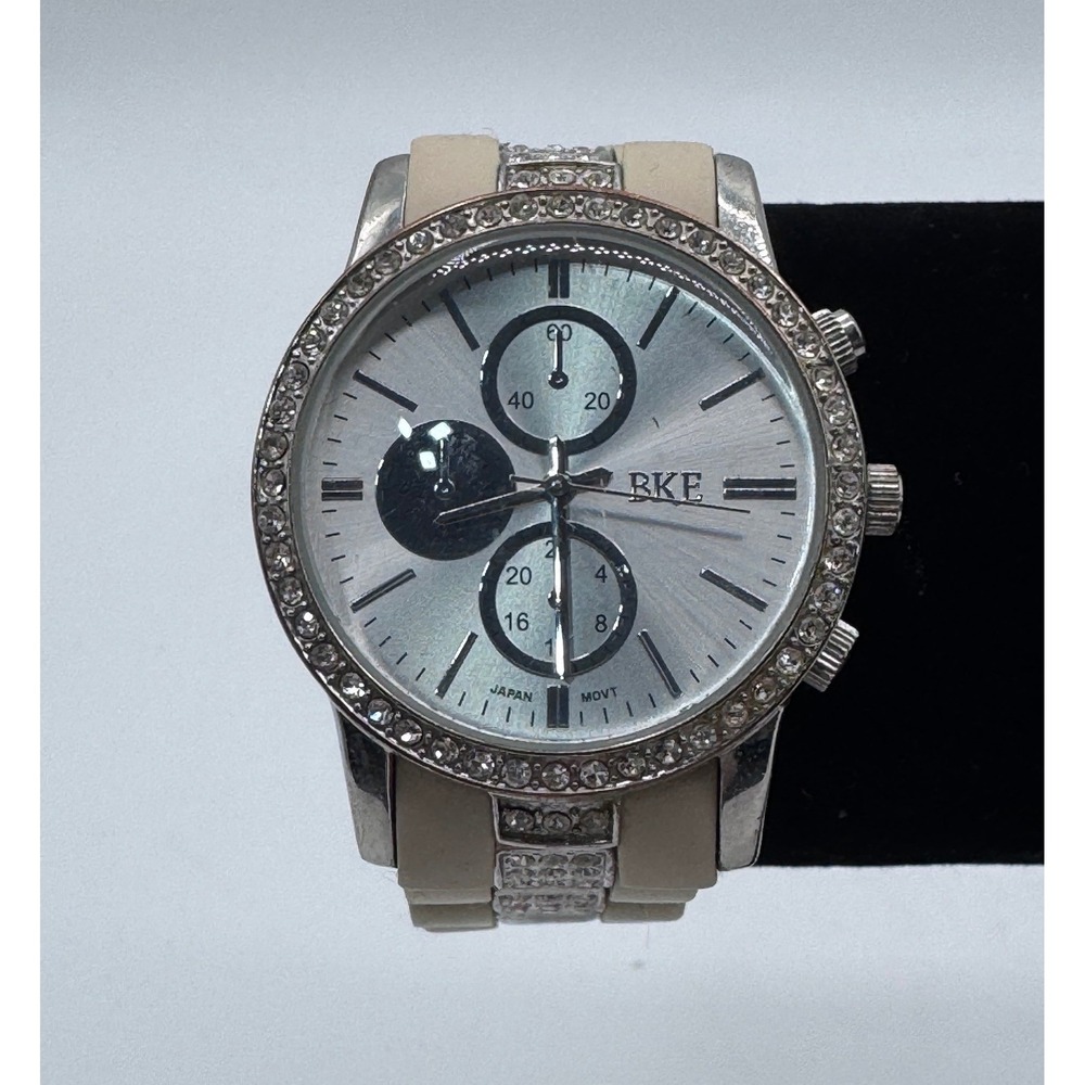 BKE Silver Tone Rhinestone Chronograph Watch Japan Movt Needs Battery